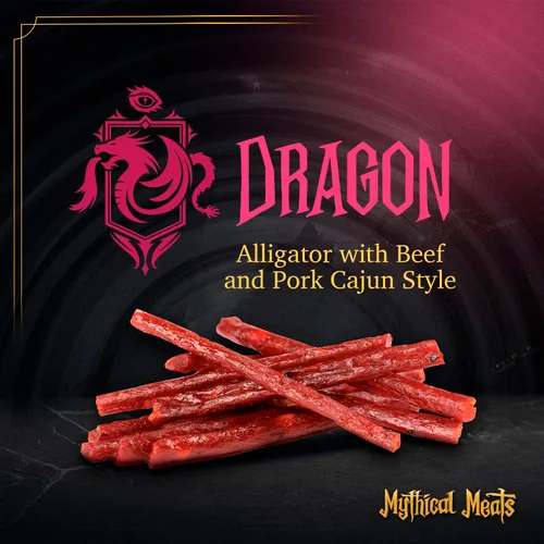 Vista 3 de Mythical Meats Sabor original (dragón) Paquete de 12 palitos de bocadillo – Alligator con carne de res y cerdo estilo cajún – Carnes secas