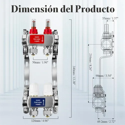 Vista 4 de AB Colector PEX de 2 bucles/radiante, salidas compatibles de 1/2 pulgada, válvula de flujo de hasta 1.4 GPM para calefacción radiante hidrónica