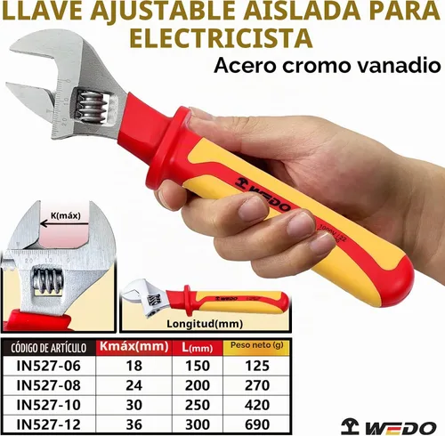 Vista 2 de WEDO Llave ajustable aislada de 6 pulgadas, llave de inyección ajustable VDE 1000V, llave de seguridad para electricistas, acero al cromo vanadio