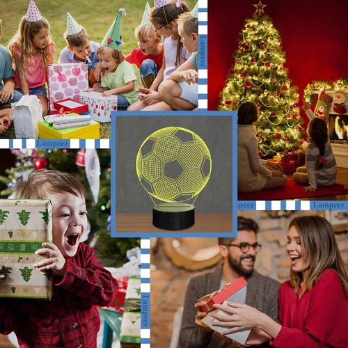 Vista 6 de Lampeez Luces nocturnas de fútbol para niños, luces de fútbol con ilusión 3D, 16 LED, control remoto, cambio de color, lámparas de escritorio