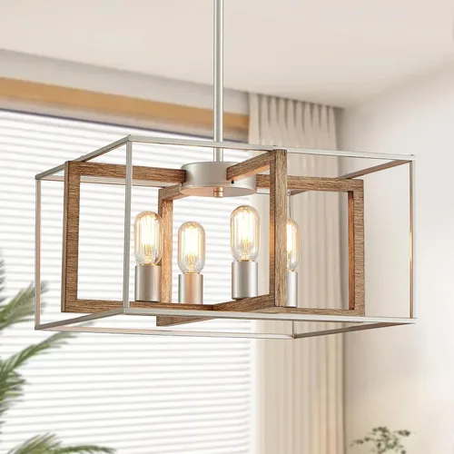 Vista 9 de XINGQI Candelabro cuadrado de 4 luces, lámpara de granja, moderna iluminación colgante para cocina, isla, comedor, sala de estar, acabado de grano