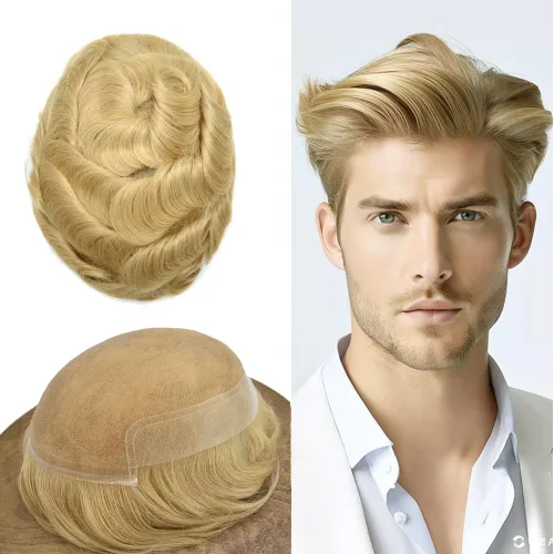 Vista 49 de Mens Toupee Remy Human Hair System For Men Bleached Knot Toupee Hair Piece For Men French Lace Toupee For Men Hairpiece 8X10#17 Dark Ash Blonde 90%