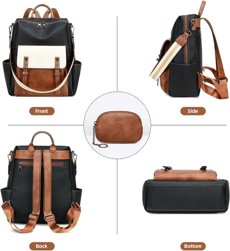 Vista 5 de AGLOD Mochila de cuero sintético para mujer, bolsos de viaje de moda para mujer, bolsos de viaje de trabajo de imitación, Beige- negro-marrón