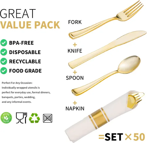 Vista 3 de Juego de 50 cubiertos de plástico dorado preenrollados con servilletas, juego de cubiertos desechables envueltos resistentes para bodas, fiestas