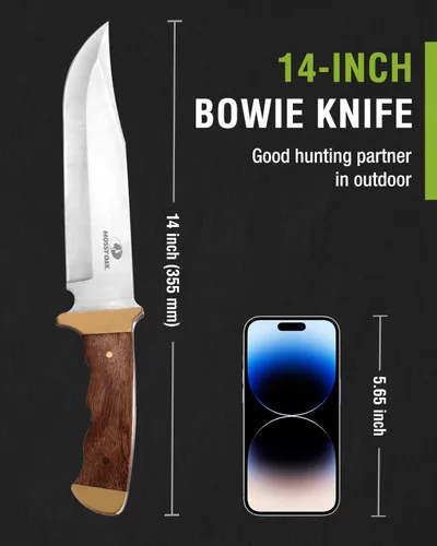 Vista 3 de Mossy Oak - Cuchillo Bowie de 14 pulgadas, mango de madera, cuchillo de caza Hoja fija de espiga completa, funda de cuero, cuchillos de caza
