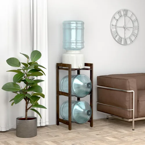 Vista 7 de Soporte para jarra de agua de 5 galones con estantes superiores, soporte dispensador de agua de madera maciza natural de 31 pulgadas de alto