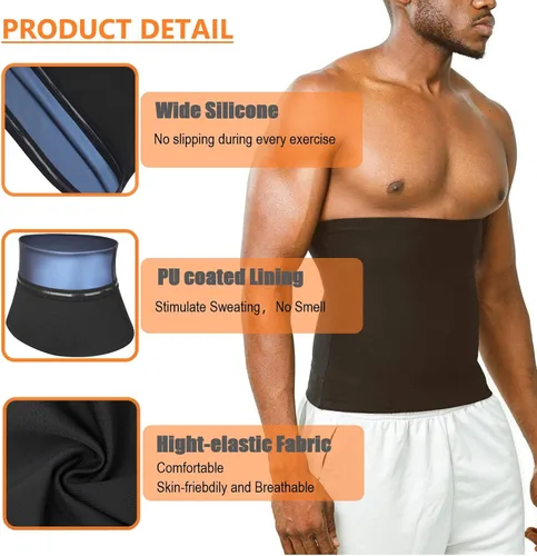 Vista 4 de huiming Faja reductora de cintura para hombre, cinturón de sauna, sin neopreno, cinturón adelgazante de sauna, moldeador de entrenamiento