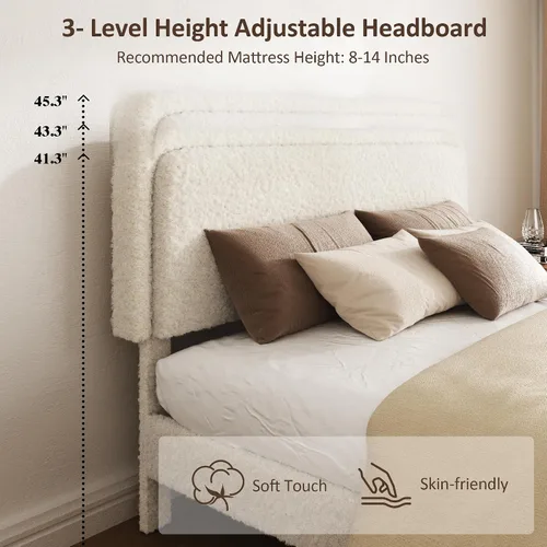 Vista 4 de Boucle Upholstered Bed Frame with Adjustable Headboard Height, No Box Spring Needed, Noise Free Platform Bed Frame, Teddy Soft Fabric Bed Base, 1000