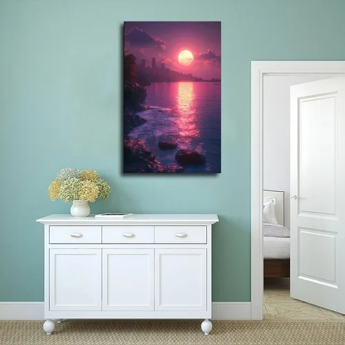 Vista 4 de Synthwave Neon Sunset Poster – Vaporwave Aesthetic Digital Art – Retro Futuristic Wall Decor for Bedroom Or Office Canvas Poster Wall Art Decor