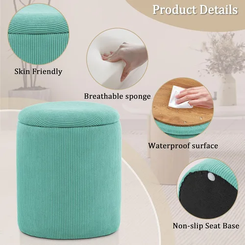 Vista 6 de YSICK Otomana redonda con almacenamiento, juego de 2, taburete de tocador pequeño como silla de tocador, otomana de corduroy para reposapiés