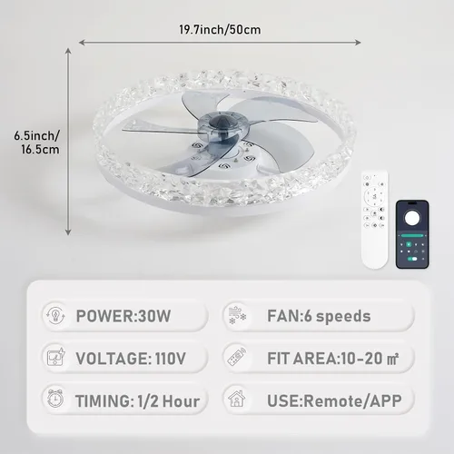 Vista 10 de FRIXCHUR Ventilador de techo de cristal blanco de 19.7 pulgadas con control remoto de luz de 6 velocidades Low Profile Ceiling Fans Dimmable LED