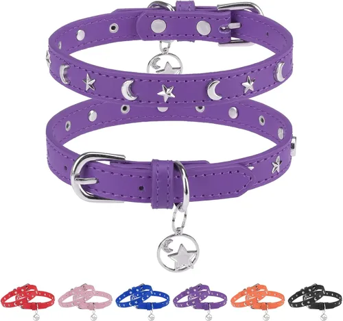 Vista 13 de Collar de cuero para perros pequeños, collar suave y ajustable con remaches de estrella y luna para perros machos y hembras, collares para cachorros