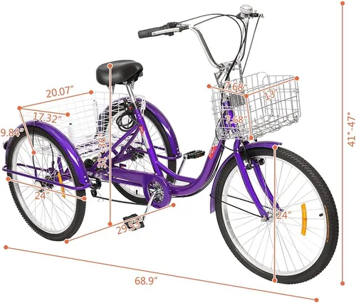 Vista 7 de PEXMOR Triciclo para adultos, 24/26 pulgadas, 7 velocidades, 3 ruedas, triciclo para adultos, triciclo para adultos, triciclo
