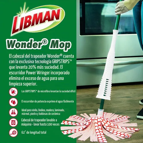Vista 2 de Libman Wonder Mop Plus 3 recambios, trapeador autoescurrible, absorbente, trapeador de microfibra para limpieza multisuperficie del hogar, 3