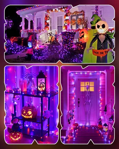 Vista 7 de Luces de Halloween moradas y naranjas de 66 pies para exteriores, 200 luces LED de Halloween con 8 modos, enchufable naranja morado colgante