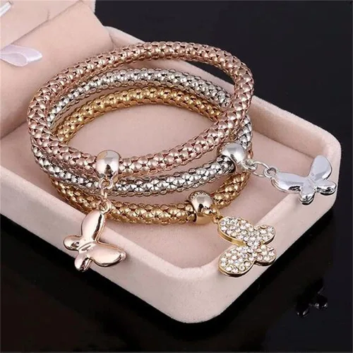 Vista 5 de SILANER Pulseras multicapa con dijes de cristal, 3 unidades, oro y plata, oro rosa, pulsera elástica en forma de corazón para mujer, árbol de la vida
