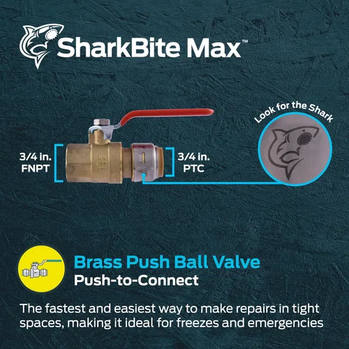 Vista 2 de SharkBite Válvula de bola máxima de 3/4 x 3/4 pulgadas con conector FNPT, empuje para conectar accesorios de plomería de latón, tubo PEX, cobre