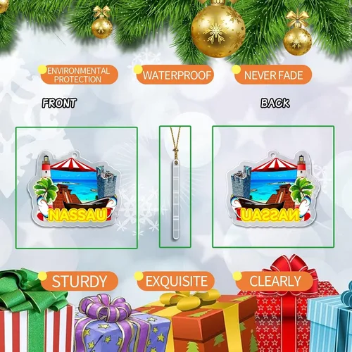Vista 3 de Bahamas Nassau - Adorno de Navidad de acrílico transparente de doble cara para decoración de árbol, colgante de recuerdo de viaje, colección