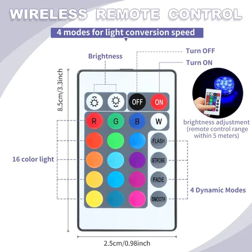Vista 3 de Hortsun Paquete de 4 luces LED sumergibles con control remoto impermeable para piscina, luz LED subacuática que funciona con pilas, lámpara