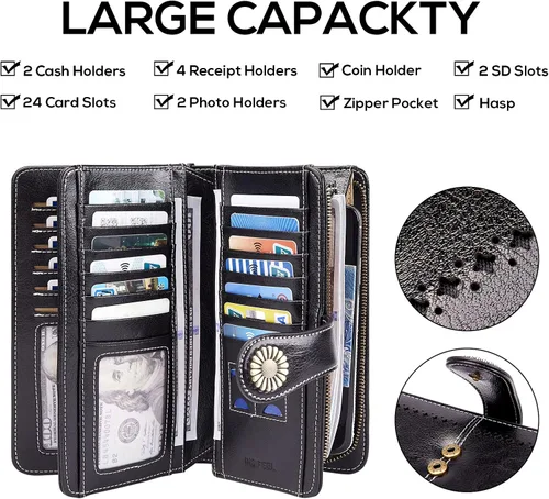 Vista 4 de INSIFEEL Carteras para mujer de gran capacidad con protección RFID monedero de cuero genuino Negro Retro