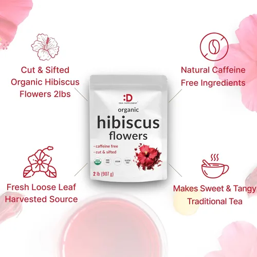Vista 4 de Flores de hibisco orgánicas secas, 2 libras, hojas enteras cortadas y tamizadas, fuente de flores de hojas sueltas, sabor y aroma crudos, ideal