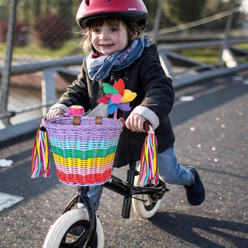 Vista 2 de Cesta de bicicleta para niñas, cesta de bicicleta ajustable para manillar delantero con serpentinas de bicicleta, juego de campana/molino de viento