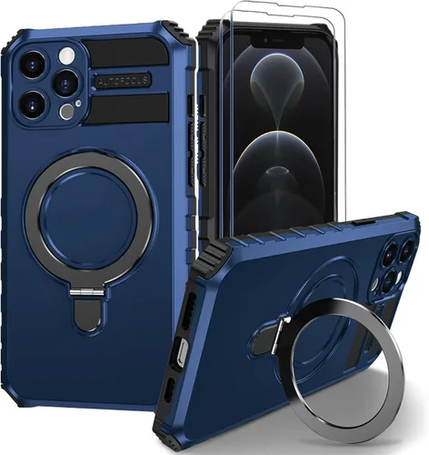 Vista 11 de Funda magnética para iPhone 11 [compatible con MagSafe] con 2 protectores de pantalla de vidrio templado con soporte de anillo, grado militar Azul