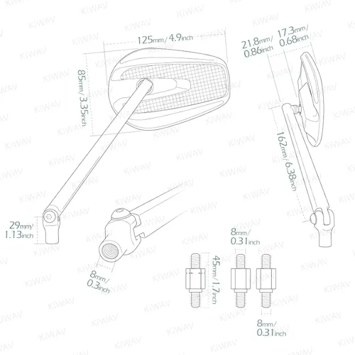 Vista 4 de KiWAV Aftermarket - Espejos retrovisores laterales cónicos Mamba real fibra de carbono negro convexo ajustable M8 0.315 in 1.25 adaptadores de paso