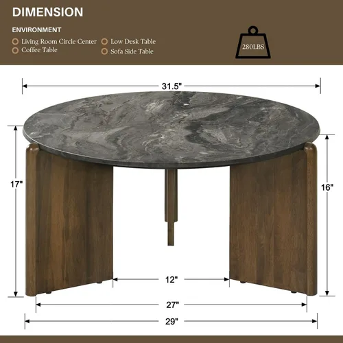 Vista 2 de Mesa de centro redonda de mármol negro con tres patas de madera de nogal, mesa central moderna para sala de estar, decoración del hogar, oficina