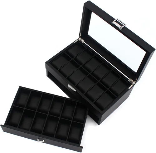 Vista 6 de Caja organizadora de reloj para hombres, 24 ranuras lujosa y masculina caja de exhibición texturizada de fibra de carbono - Parte superior de vidrio