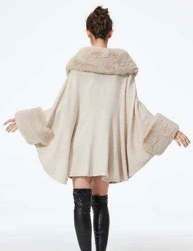 Vista 3 de Poncho de capa para mujer con ribete de piel, chal de piel sintética de invierno, abrigo sin mangas