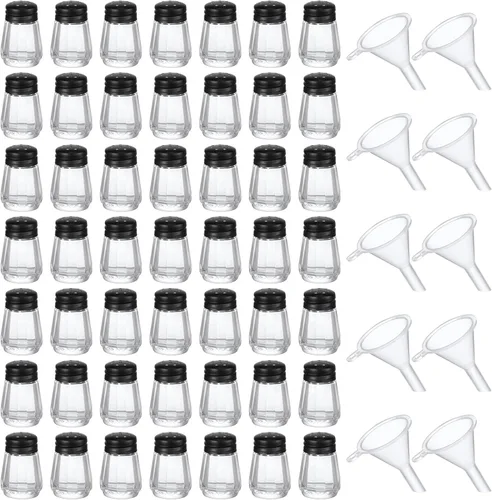 Vista 8 de Potchen 12 Piezas Mini Saleros y Pimenteros en Forma de Cubo a Granel 0.5 oz Pequeños Agitadores de Especias de Vidrio Cubo con Mini Embudos de Negro