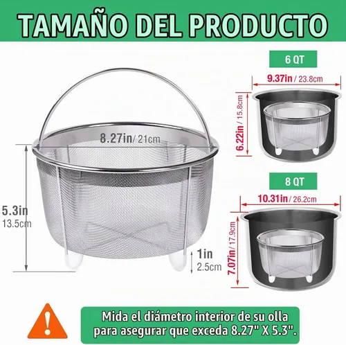Vista 4 de Cesta de vapor, inserto de malla de acero inoxidable 8.38 x 5.3 pulgadas