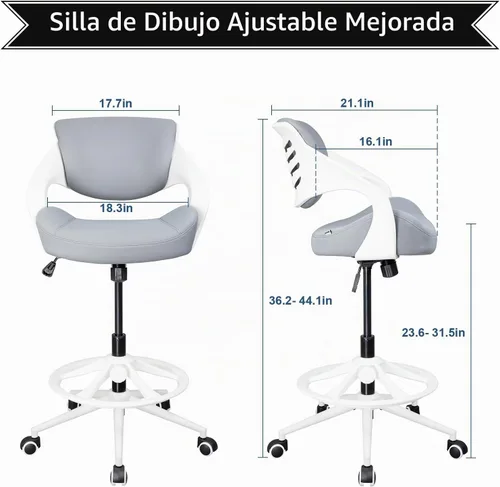 Vista 2 de Silla de dibujo ergonómica, silla de escritorio de computadora de pie, anillo de pie, soporte lumbar, silla giratoria para tareas - gris