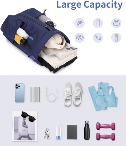 Vista 7 de WANDF Mochila deportiva con cordón y compartimento para zapatos, resistente al agua, bolsa de natación para mujeres y hombres, Azul marino, Mediana