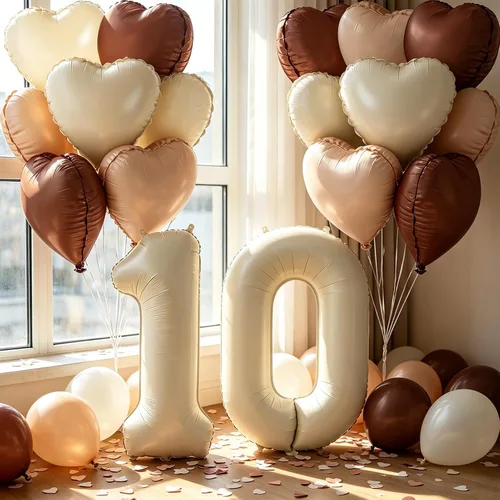 Vista 4 de Globos de 40 pulgadas color crema número 10, 17 piezas de globos de helio grandes con globos de corazón neutros crema nude caramelo beige marrón