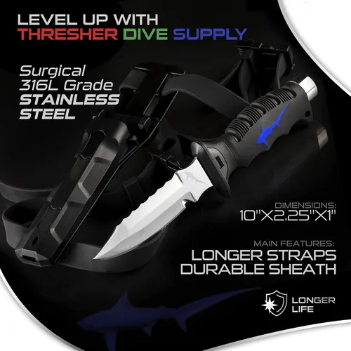 Vista 7 de Cuchillo de buceo de acero inoxidable 316L de 5 pulgadas con correa para la pierna y funda - Cuchillos de buceo premium con bordes dentados - Equipo
