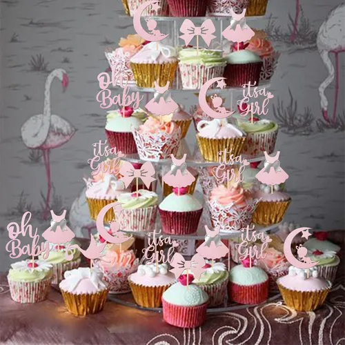 Vista 4 de 24 piezas de adornos para cupcakes con lazo con purpurina, vestido de luna Oh Baby para revelación de género, baby shower, fiesta de cumpleaños