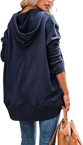 Vista 4 de nqgsntc Sudadera con capucha de manga larga con cuello en V para mujer, suéter universitario con bolsillo, ropa de talla grande