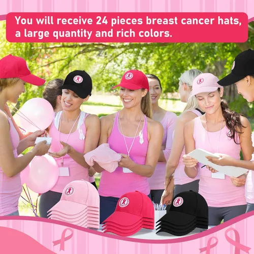 Vista 3 de 24 sombreros de concientización sobre el cáncer de mama, gorras de béisbol de cinta rosa a granel, gorra de béisbol ajustable, sombrero de algodón
