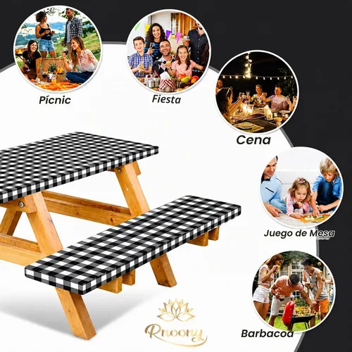 Vista 5 de RNOONY Cubierta de Mesa de Picnic de Vinilo Ajustable con Fundas de Banco y Bolsa, Mantel de 6 pies para Exteriores Impermeable y Resistente al