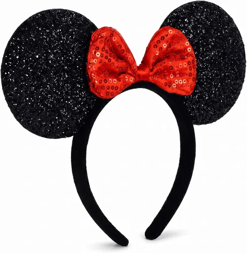 Vista 3 de Lucky Will Diadema de orejas de dibujos animados, diadema negra clásica con lazo rojo, bonito accesorio para el cabello para mujeres y niñas, fiesta