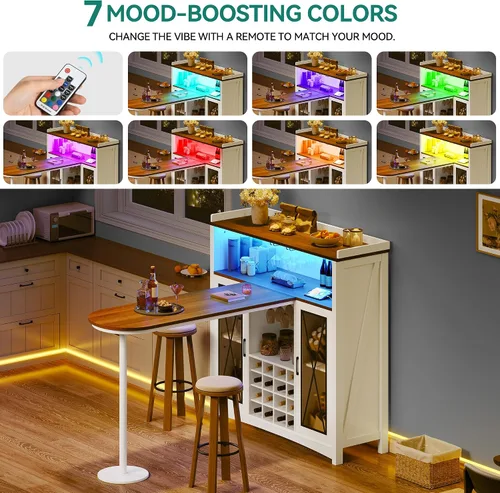 Vista 3 de YITAHOME Mini unidad de bar para el hogar con luz LED y gabinete de bar de vino, mesa de bar grande de altura alta con estante para vinos, estación