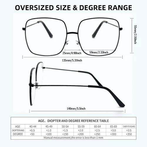Vista 3 de Oversized Square Metal Reading Glasses Women Men, Large Anti Eyestrain Eyewear, Blue Light Blocking Computer Readers