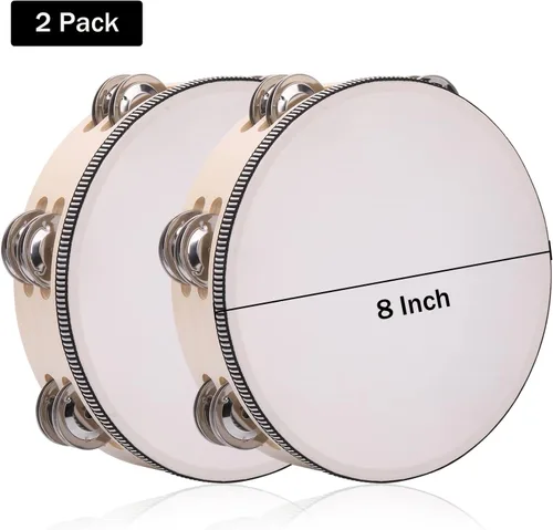 Vista 3 de Paquete de 2 panderetas de doble fila de 8 pulgadas para adultos, pandereta de tambor de mano de madera con cascabeles de metal, instrumentos