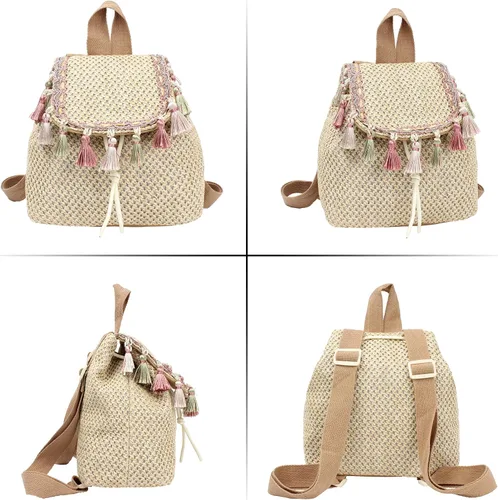 Vista 5 de Meyaus Mochila tejida de paja pequeña con borlas y cordón para mujer, Borlas Caqui, Mochilas Daypack