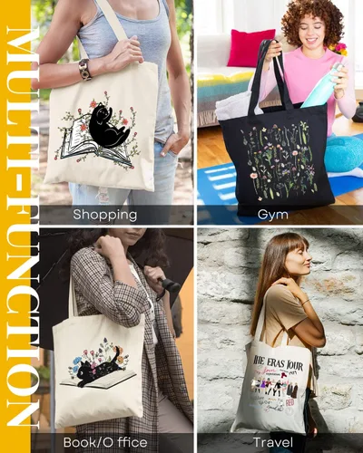 Vista 6 de AUSVKAI Bolsa de lona estética para mujer, lindas bolsas de algodón reutilizables de tela para compras, playa, comestibles, Libro de flores de gato