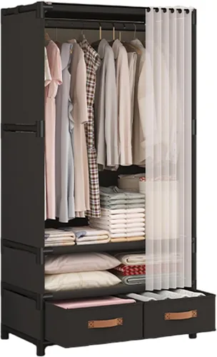 Vista 15 de Armario portátil para colgar ropa, armario de estilo japonés, perchero con 1 varillas para colgar, 2 estantes de almacenamiento, 27.5 pulgadas