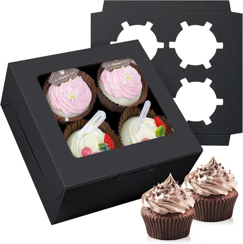 Vista 9 de Juego de 10 cajas para cupcakes a granel con ventana transparente para 4 cupcakes estándar, contenedor desechable de grado alimenticio rojo