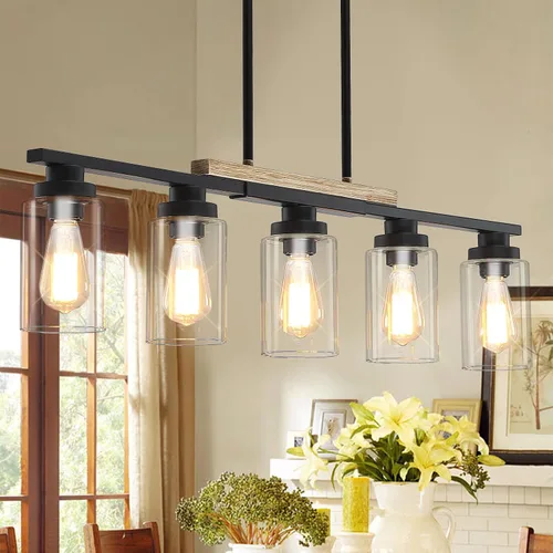 Vista 8 de Lámpara de comedor sobre mesa, iluminación de isla de cocina de 4 luces, modernos candelabros de madera para comedor con altura ajustable, luces